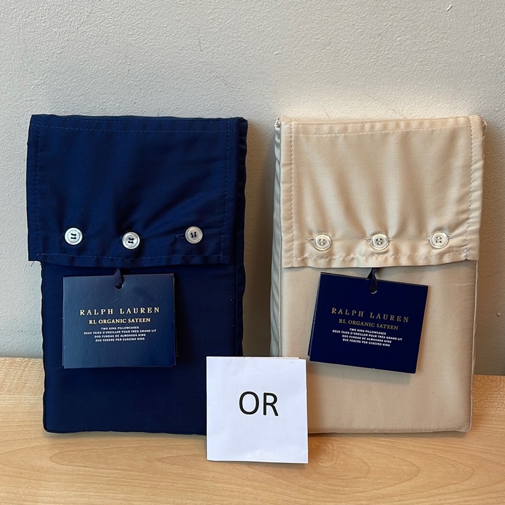 Ralph Lauren Organic Cotton Sateen King Pillowcases - Navy or Coastal Sand